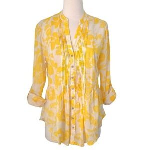 Anthropologie Maeve Yellow‎ & White Leaves Roll-Tab Sleeve Top- Size 6